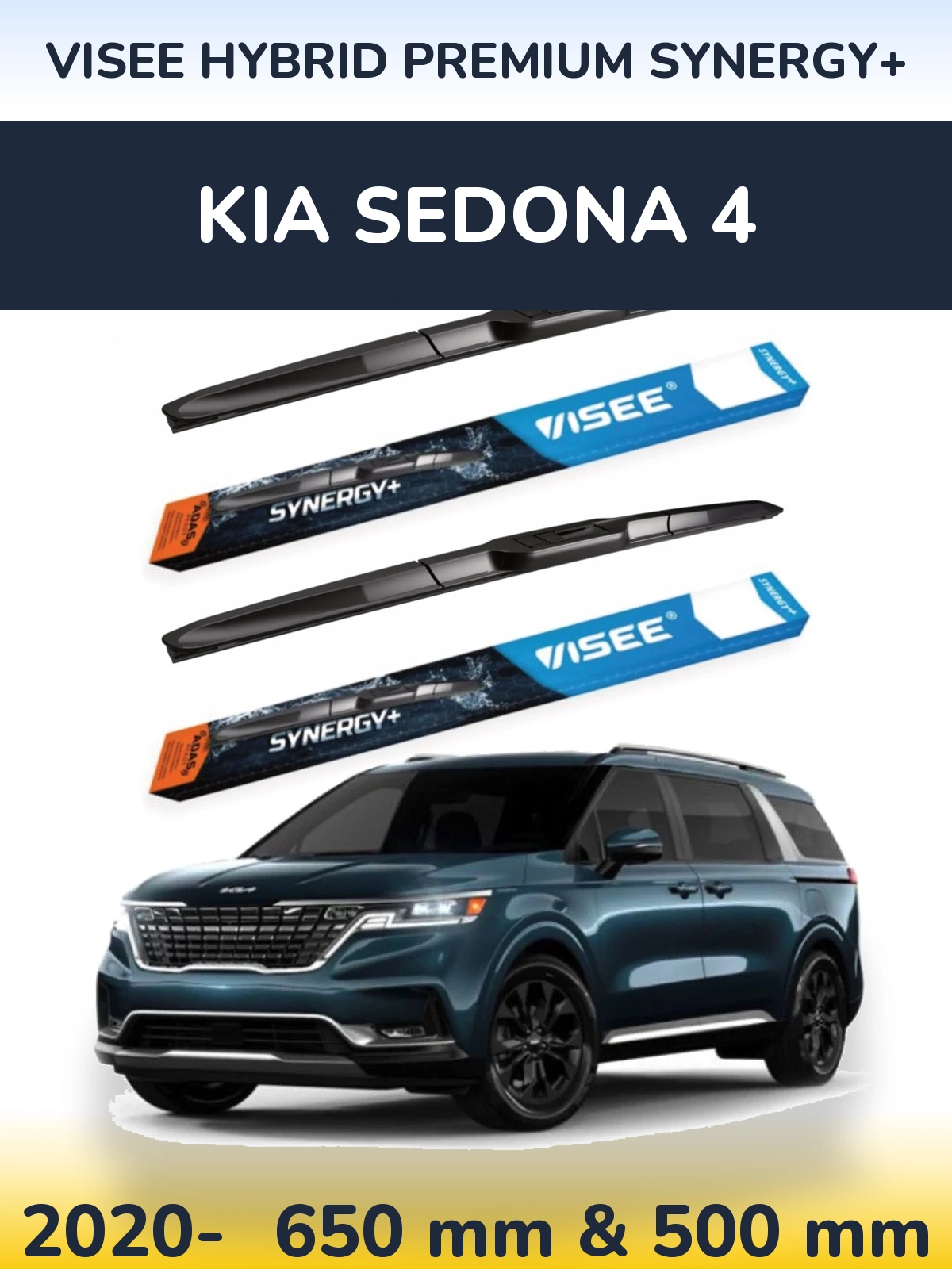 Front wiper blade set VISEE HYBRID PREMIUM SYNERGY+ 650 & 500 мм for KIA Sedona 4 2020-2026