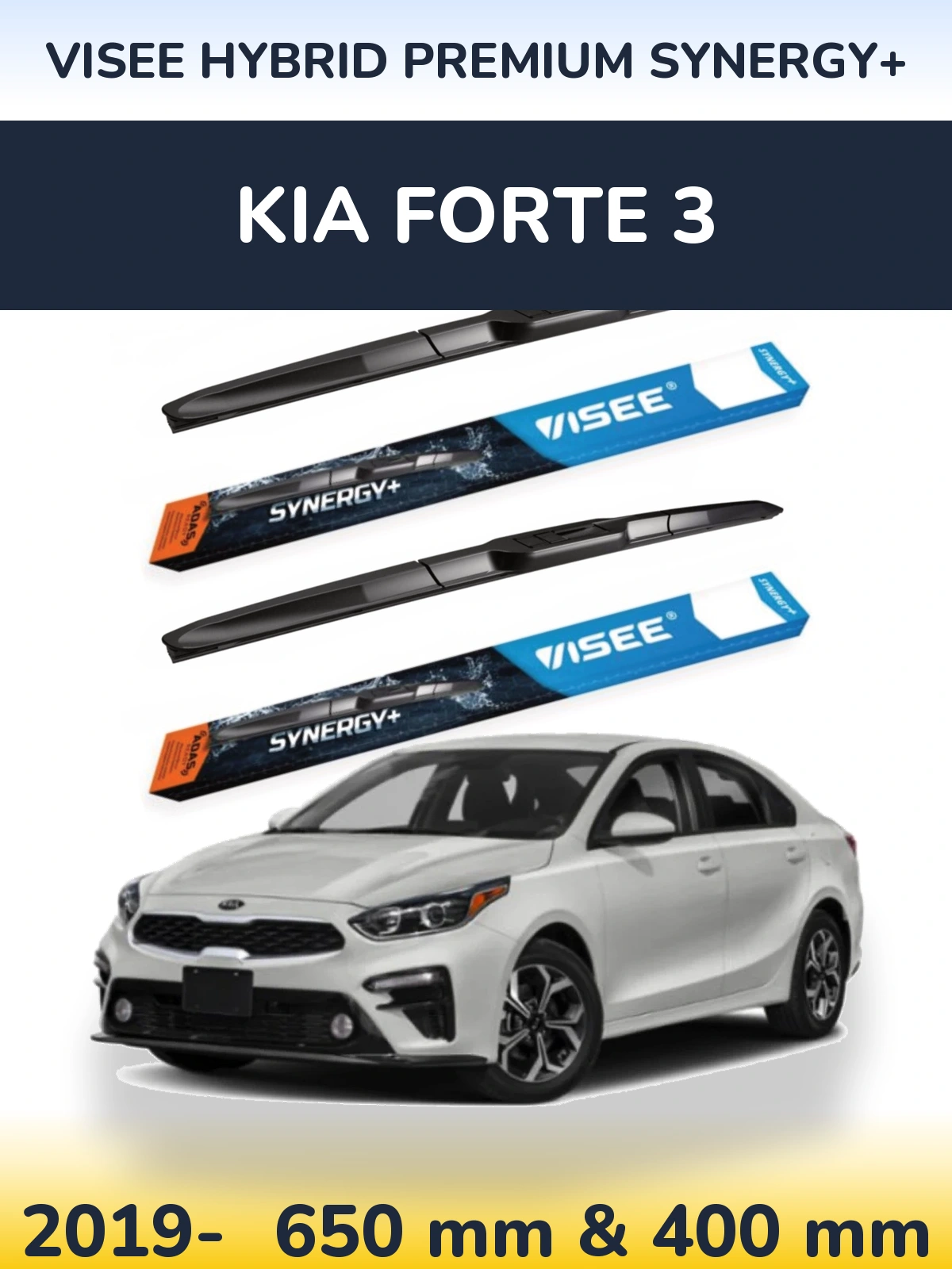 Front wiper blade set VISEE HYBRID PREMIUM SYNERGY+ 650 & 400 мм for KIA Forte 3 2019-2026