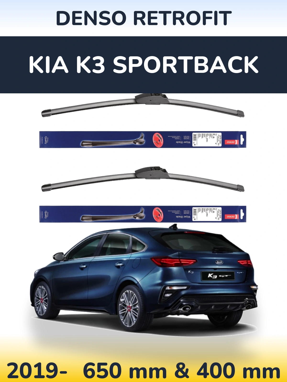 Front wiper blade set Denso Retrofit 650 & 400 мм for KIA K3 Sportback 2019-2026