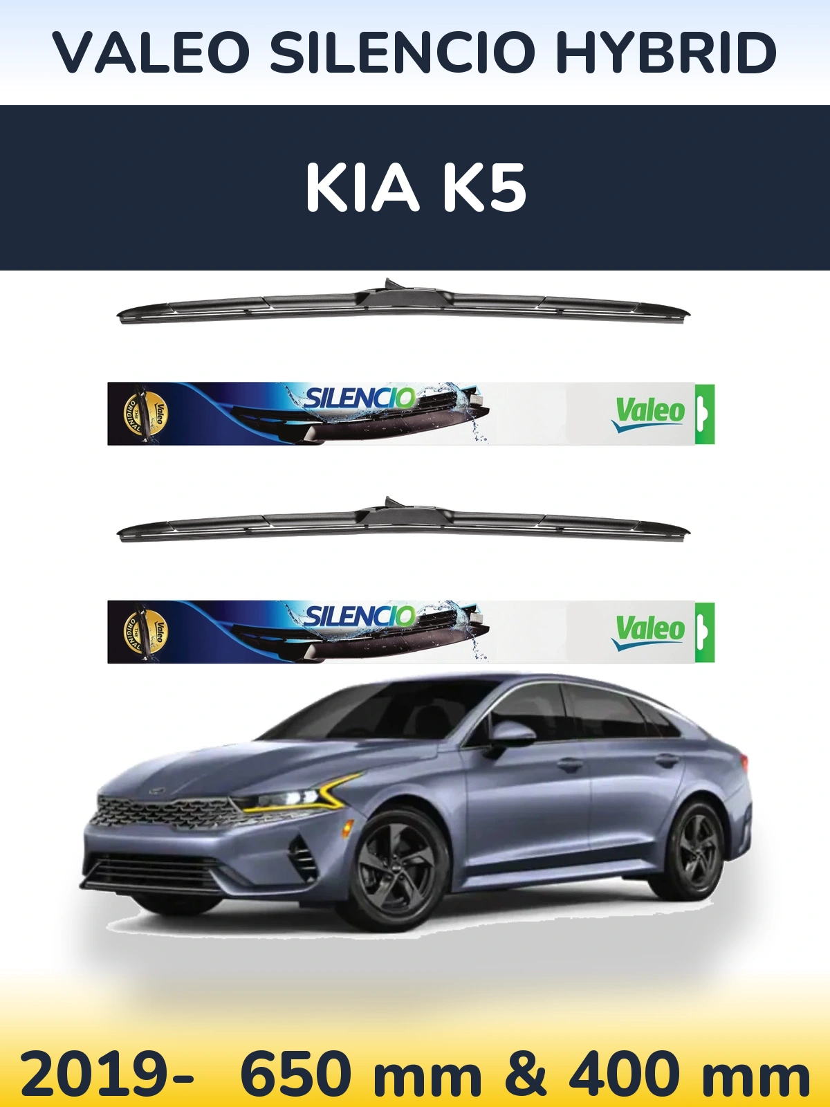 Komplet przednich wycieraczek Valeo Silencio Hybrid 650 & 400 mm do KIA K5 2019-2026