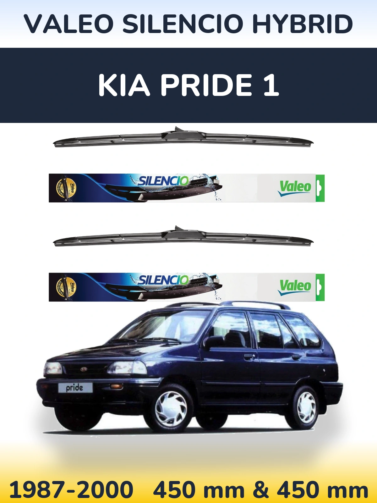 Front wiper blade set Valeo Silencio Hybrid 450 & 450 мм for KIA Pride 1 1987-2000