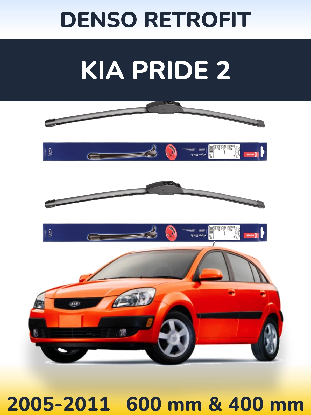 Front wiper blade set Denso Retrofit 600 & 400 mm for KIA Pride 2 2005-2011