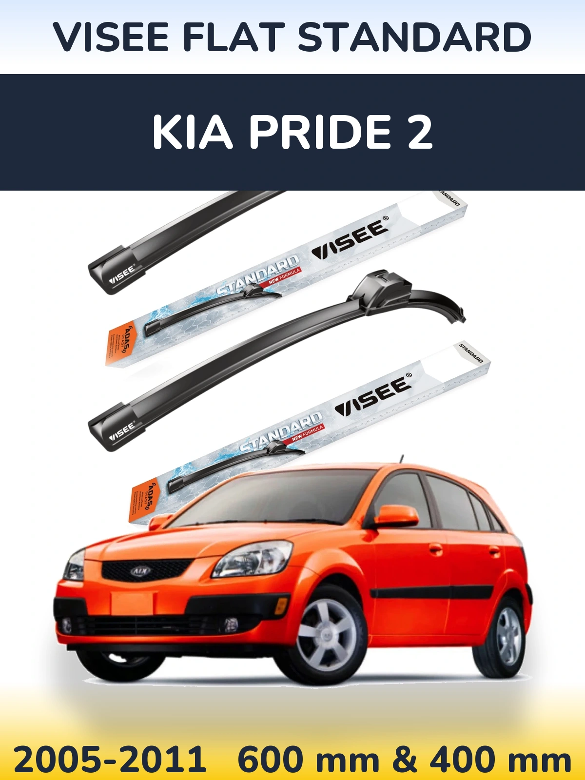 Front wiper blade set VISEE FLAT STANDARD 600 & 400 мм for KIA Pride 2 2005-2011