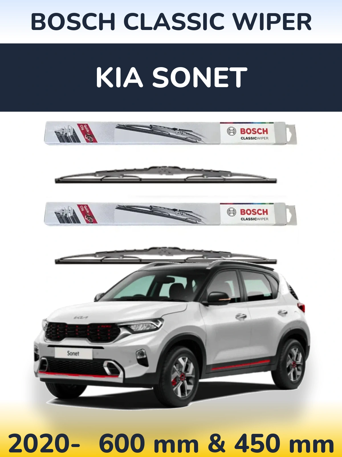Front wiper blade set BOSCH Classic Wiper 600 & 450 мм for KIA Sonet 2020-2026