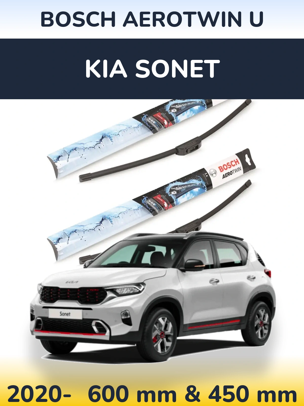 Front wiper blade set BOSCH AeroTwin U 600 & 450 mm for KIA Sonet 2020-2026