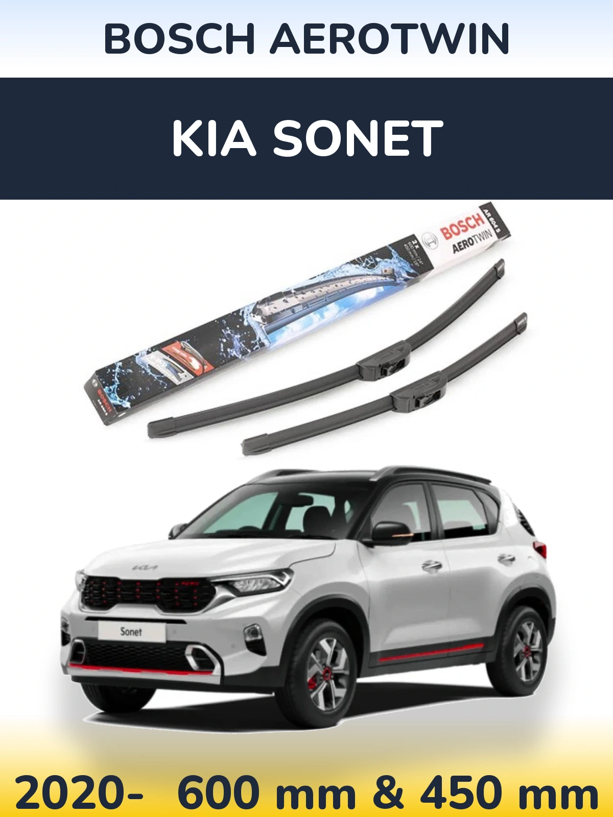 Front wiper blade set BOSCH AeroTwin 600 & 450 мм for KIA Sonet 2020-2026