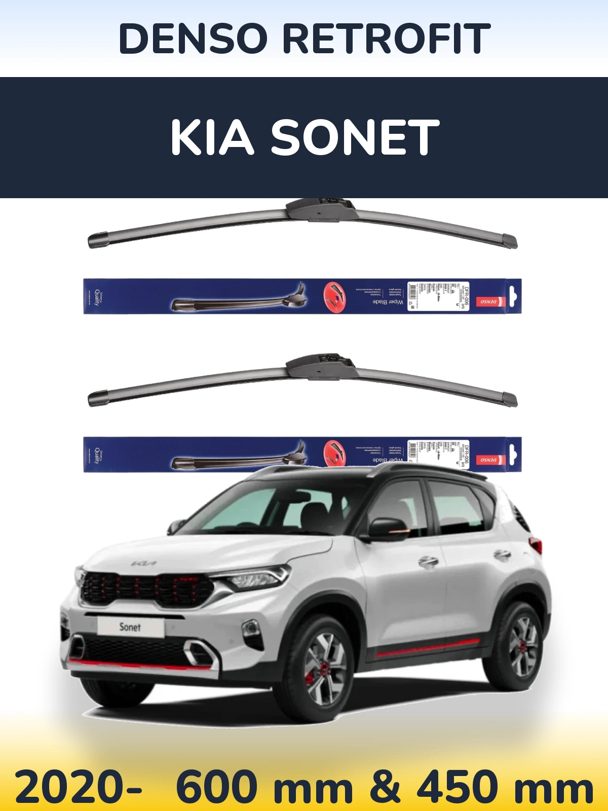 Front wiper blade set Denso Retrofit 600 & 450 mm for KIA Sonet 2020-2026