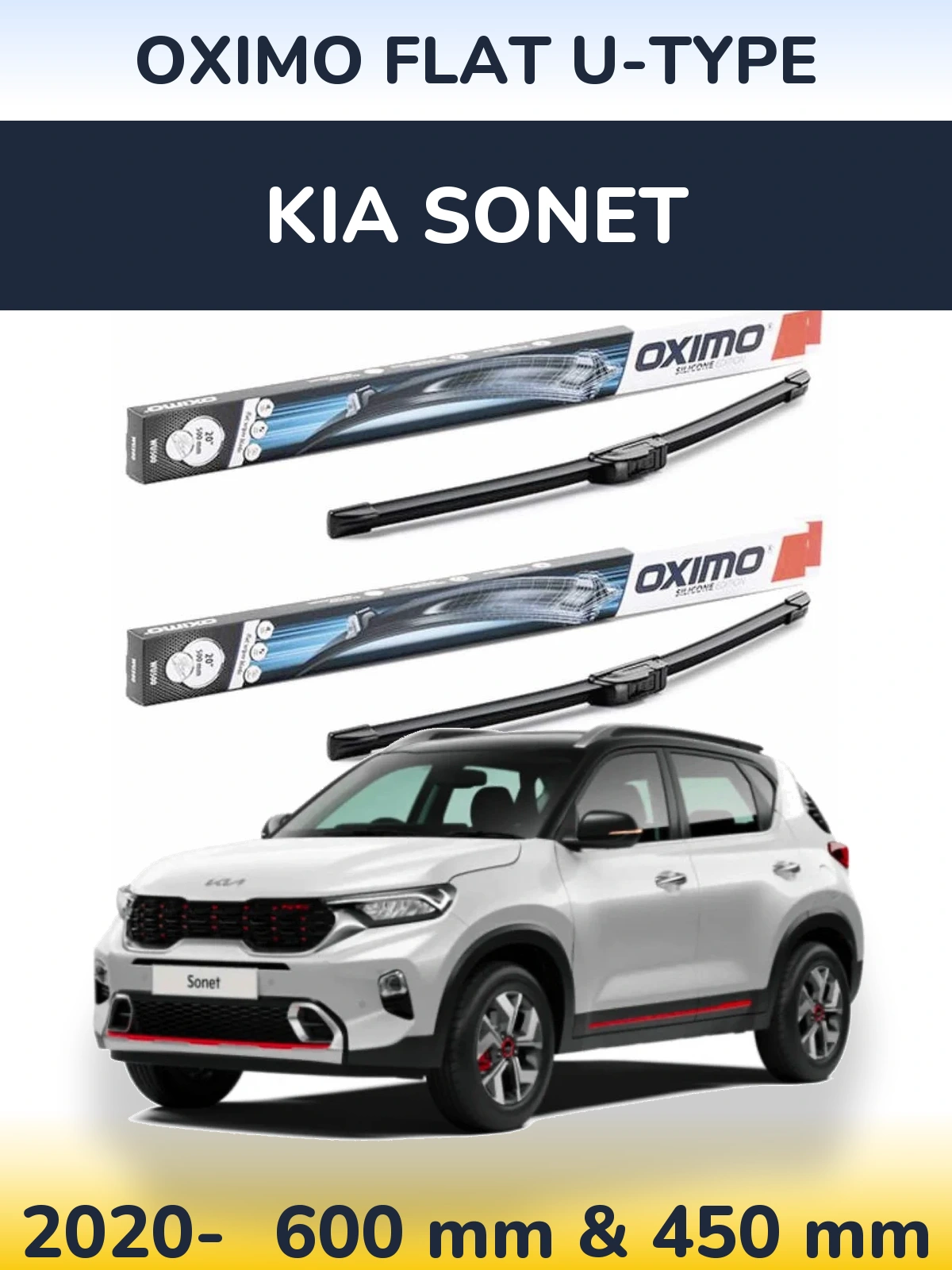Front wiper blade set Oximo Flat U-type 600 & 450 мм for KIA Sonet 2020-2026