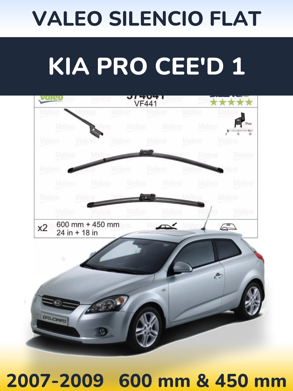 Комплект передніх щіток Valeo Silencio Flat 600 & 450 мм для KIA Pro Cee'd 1 2007-2009