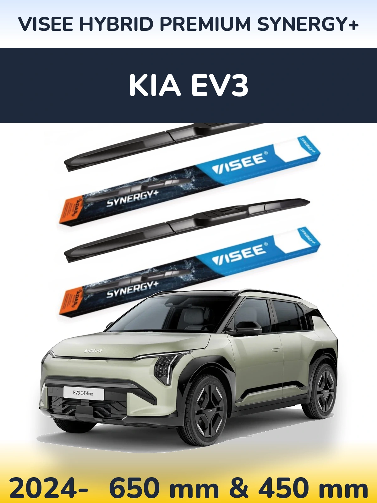 Front wiper blade set VISEE HYBRID PREMIUM SYNERGY+ 650 & 450 мм for KIA EV3 2024-2026