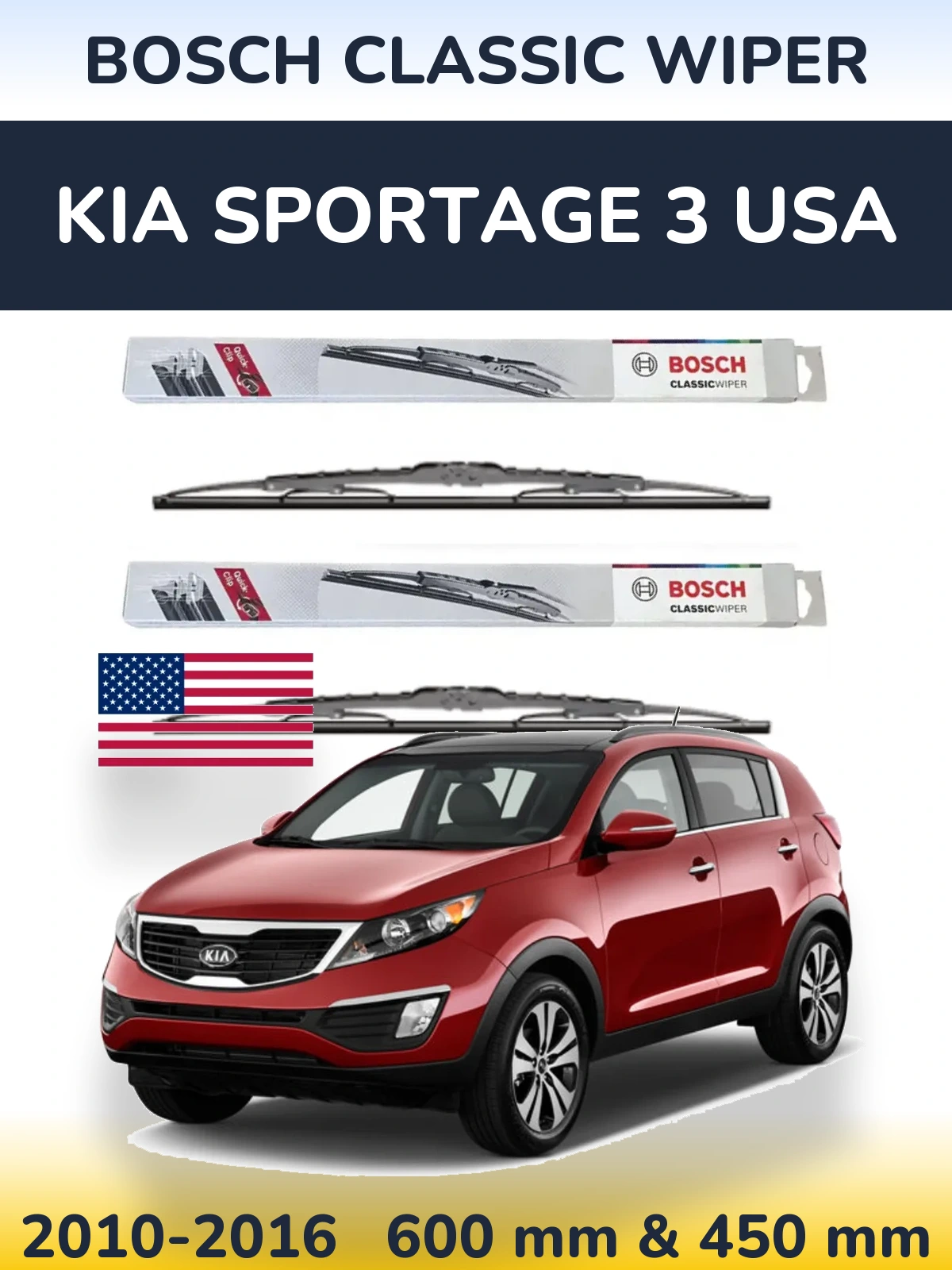 Front wiper blade set BOSCH Classic Wiper 600 & 450 mm for KIA Sportage 3 USA 2010-2016