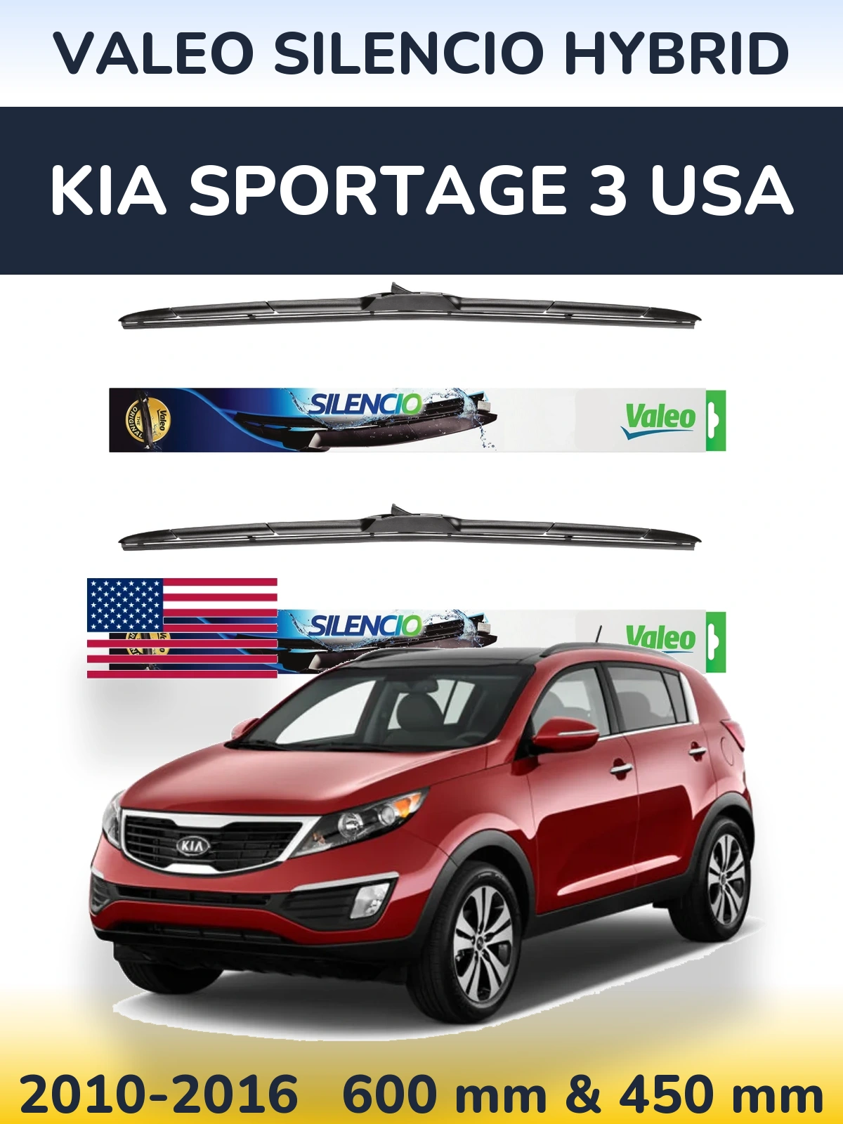 Front wiper blade set Valeo Silencio Hybrid 600 & 450 mm for KIA Sportage 3 USA 2010-2016