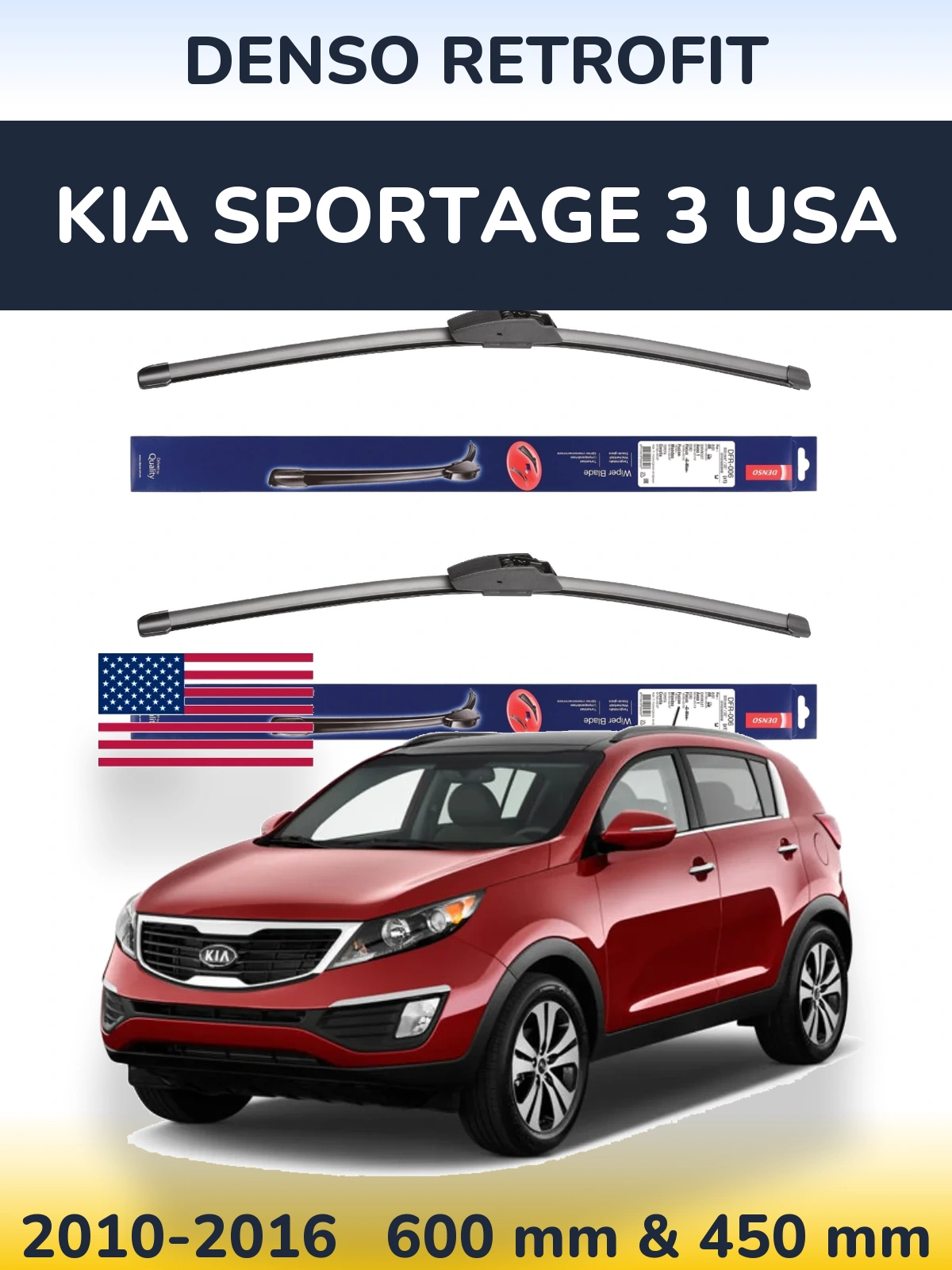 Front wiper blade set Denso Retrofit 600 & 450 mm for KIA Sportage 3 USA 2010-2016