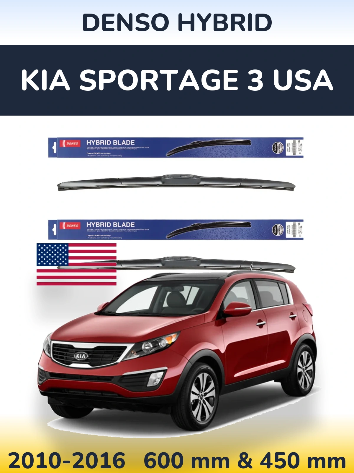Front wiper blade set Denso Hybrid 600 & 450 mm for KIA Sportage 3 USA 2010-2016