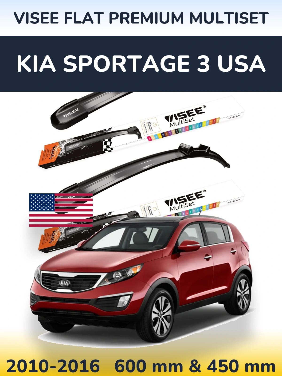 Front wiper blade set VISEE FLAT PREMIUM MultiSet 600 & 450 mm for KIA Sportage 3 USA 2010-2016