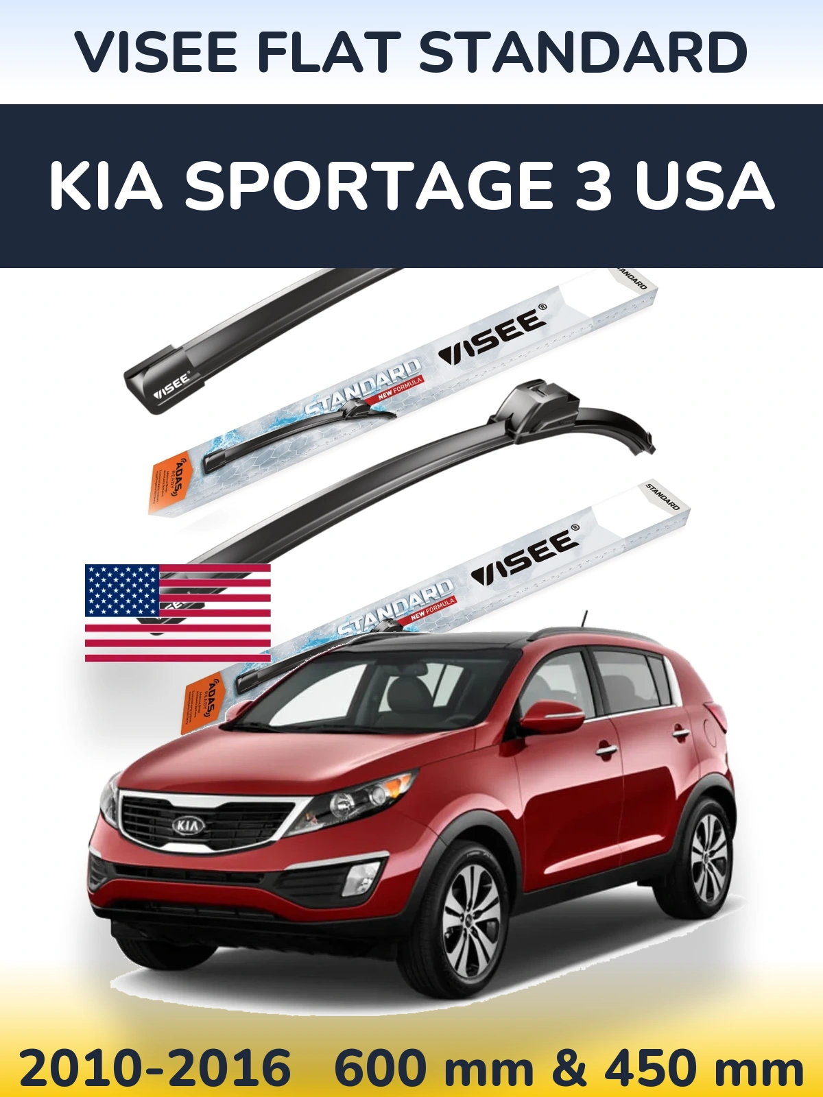 Front wiper blade set VISEE FLAT STANDARD 600 & 450 mm for KIA Sportage 3 USA 2010-2016