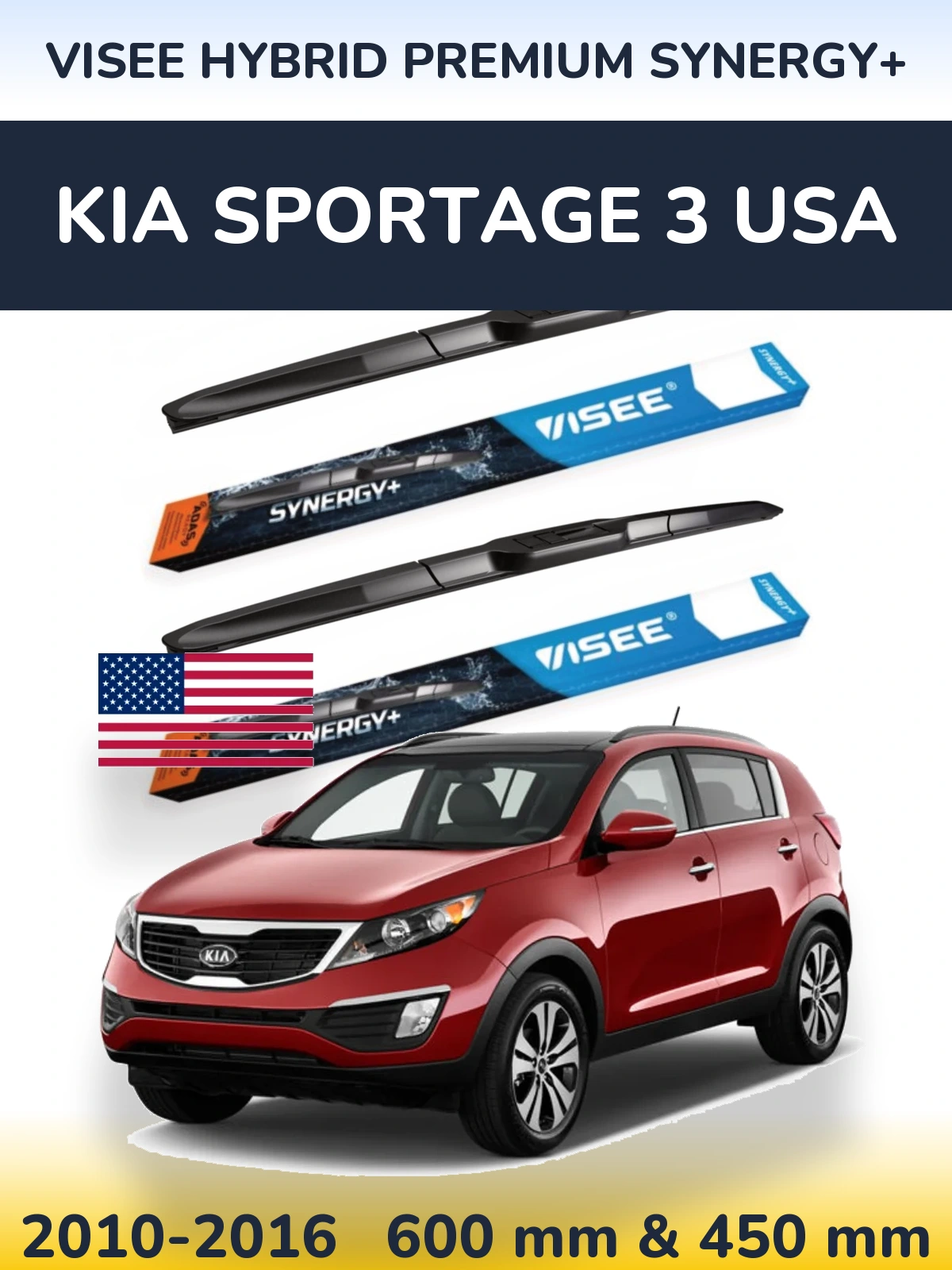 Front wiper blade set VISEE HYBRID PREMIUM SYNERGY+ 600 & 450 mm for KIA Sportage 3 USA 2010-2016