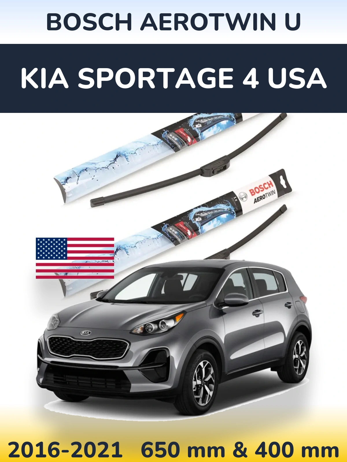 Front wiper blade set BOSCH AeroTwin U 650 & 400 мм for KIA Sportage 4 USA 2016-2021