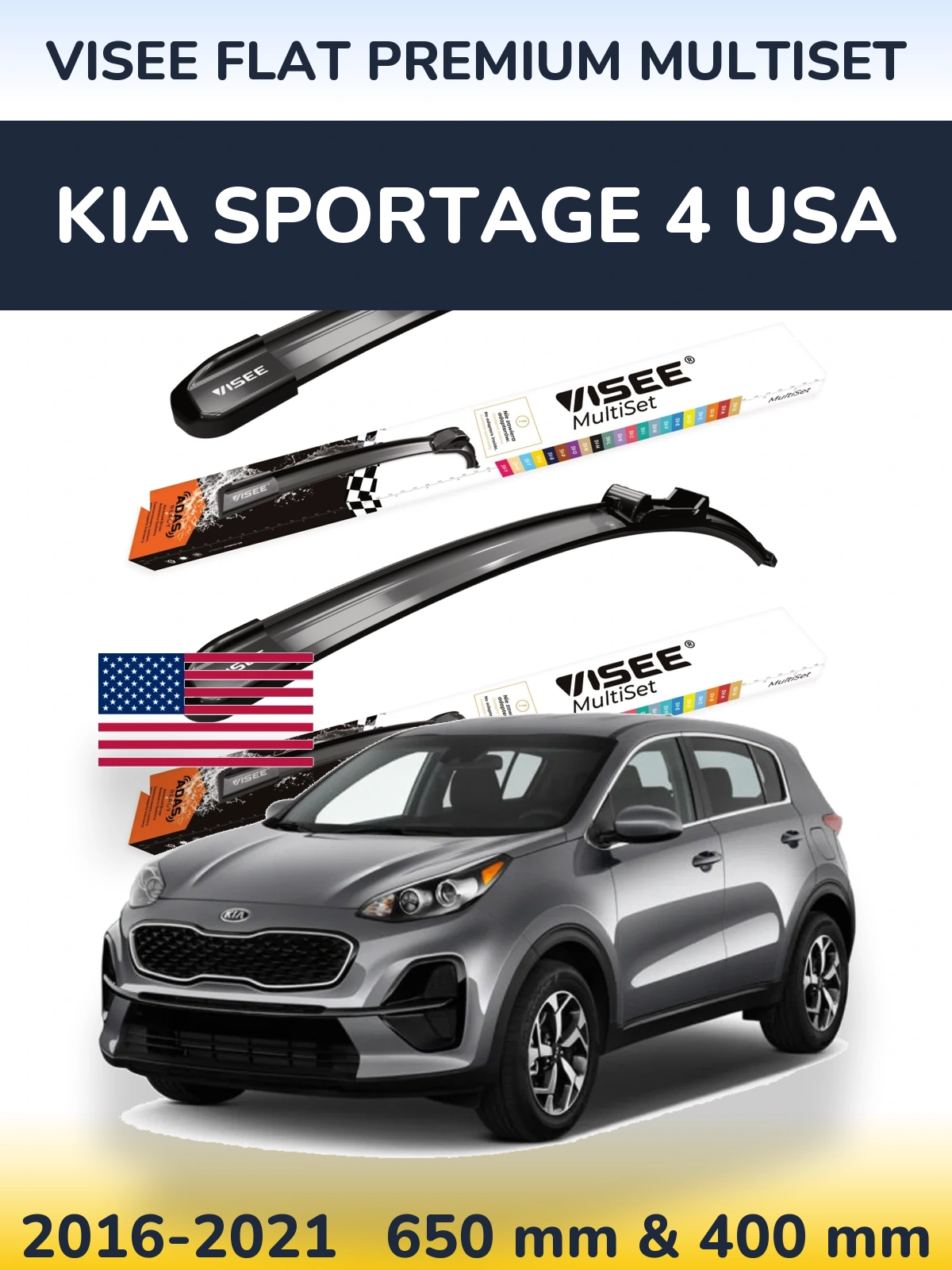 Front wiper blade set VISEE FLAT PREMIUM MultiSet 650 & 400 mm for KIA Sportage 4 USA 2016-2021