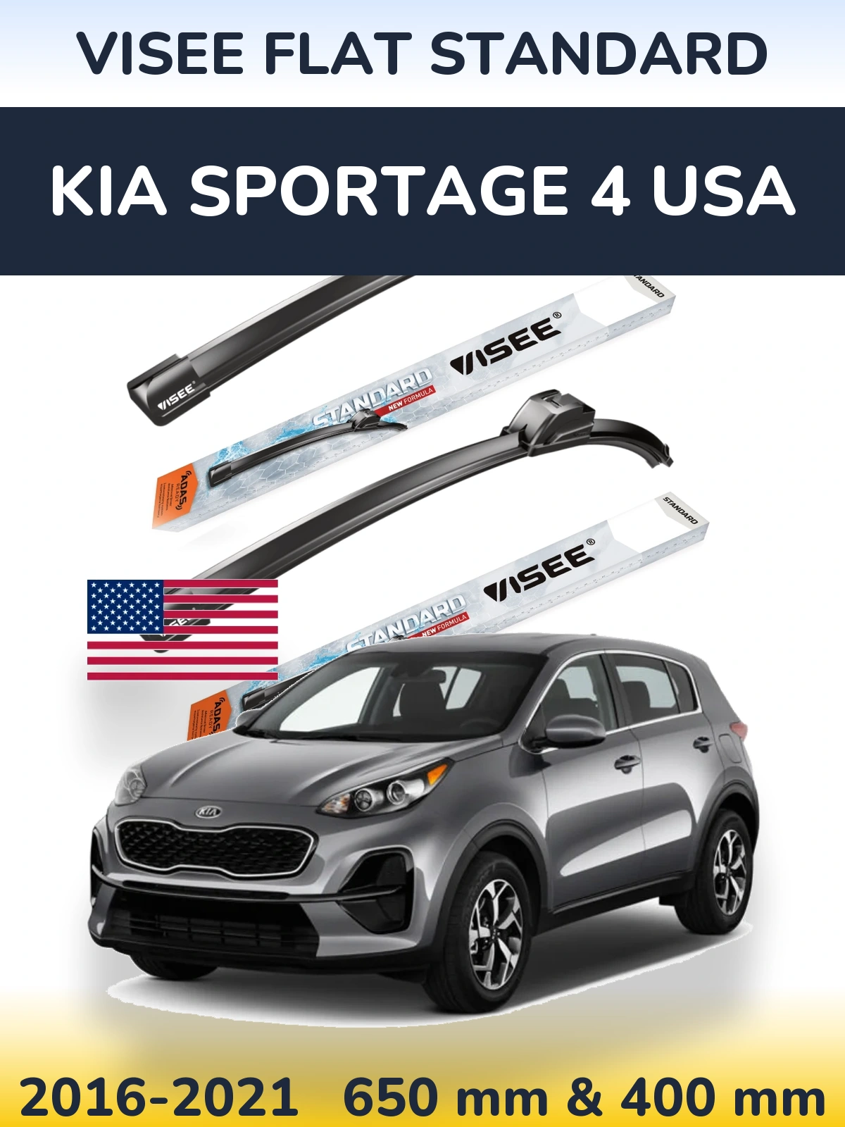 Komplet przednich wycieraczek VISEE FLAT STANDARD 650 & 400 mm do KIA Sportage 4 USA 2016-2021
