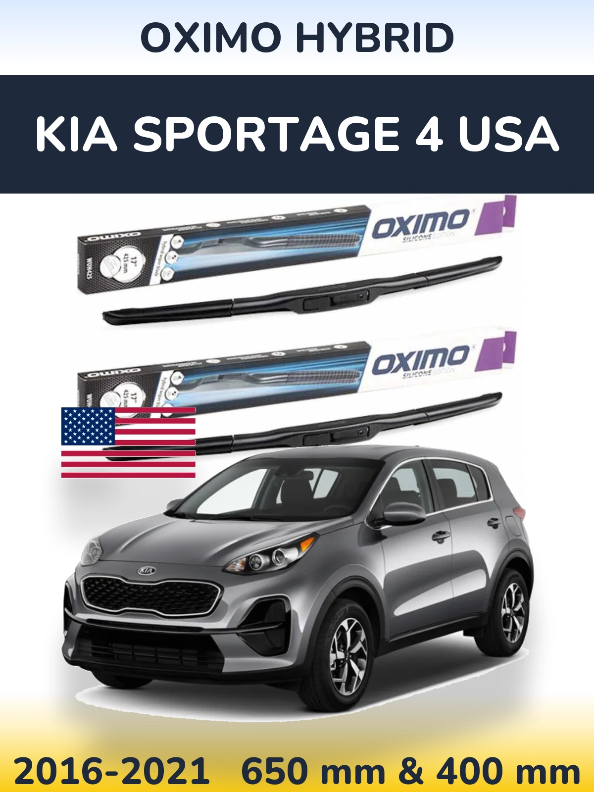 Front wiper blade set Oximo Hybrid 650 & 400 mm for KIA Sportage 4 USA 2016-2021