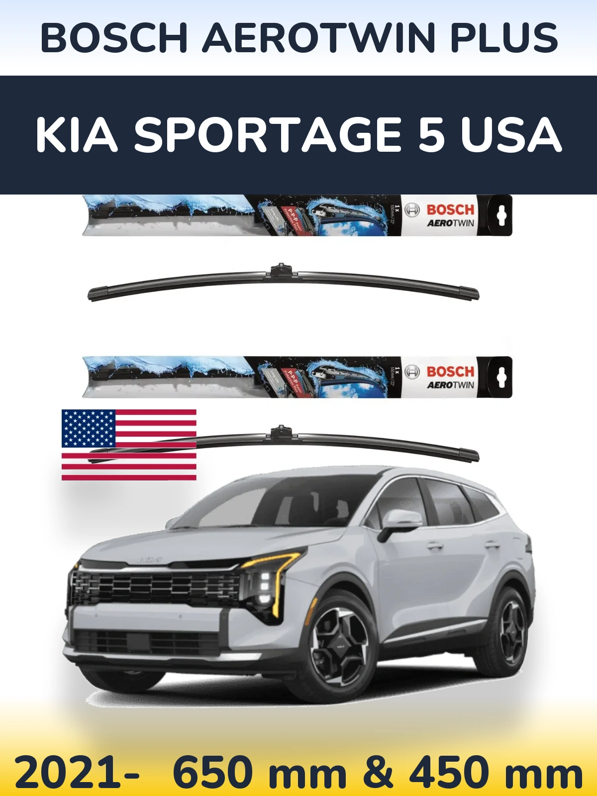 Front wiper blade set BOSCH AeroTwin Plus 650 & 450 mm for KIA Sportage 5 USA 2021-2026