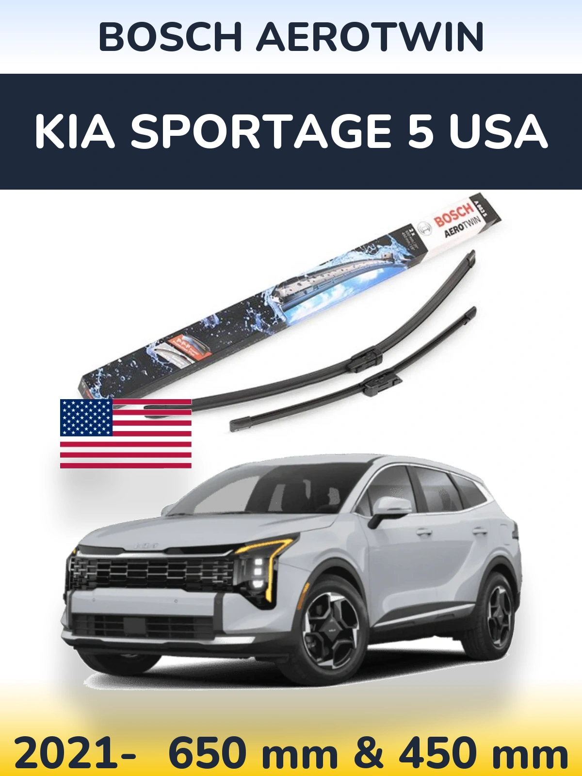 Front wiper blade set BOSCH AeroTwin 650 & 450 mm for KIA Sportage 5 USA 2021-2026