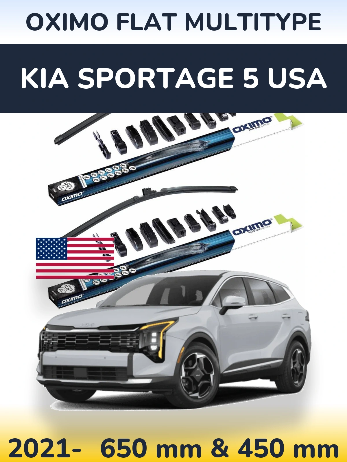 Front wiper blade set Oximo Flat MultiTypee 650 & 450 мм for KIA Sportage 5 USA 2021-2026