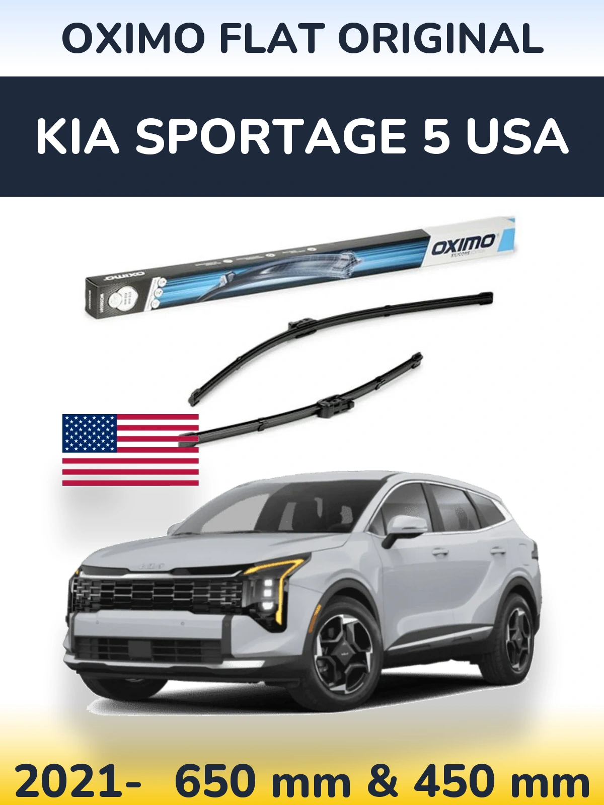 Front wiper blade set Oximo Flat Original 650 & 450 mm for KIA Sportage 5 USA 2021-2026