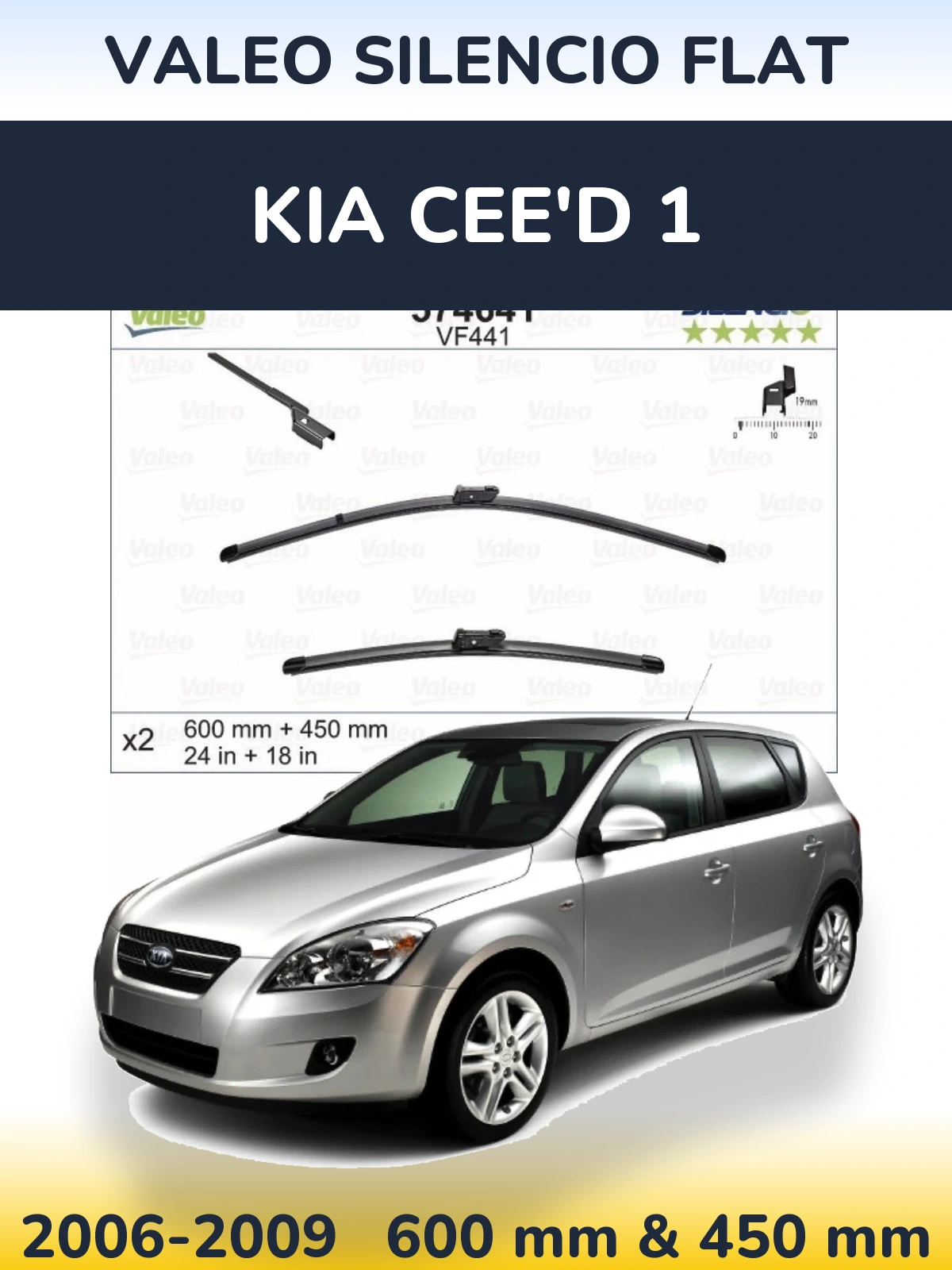 Front wiper blade set Valeo Silencio Flat 600 & 450 мм for KIA Cee'd 1 2006-2009