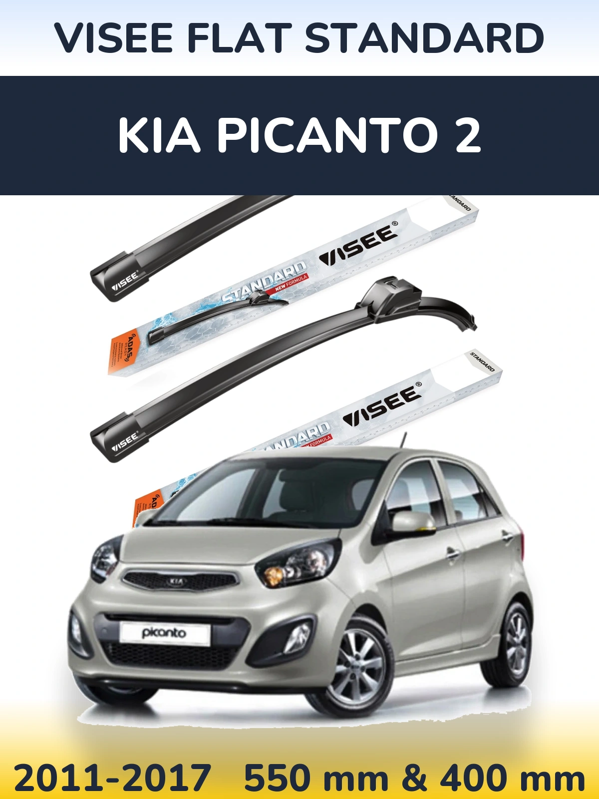 Front wiper blade set VISEE FLAT STANDARD 550 & 400 мм for KIA Picanto 2 2011-2017