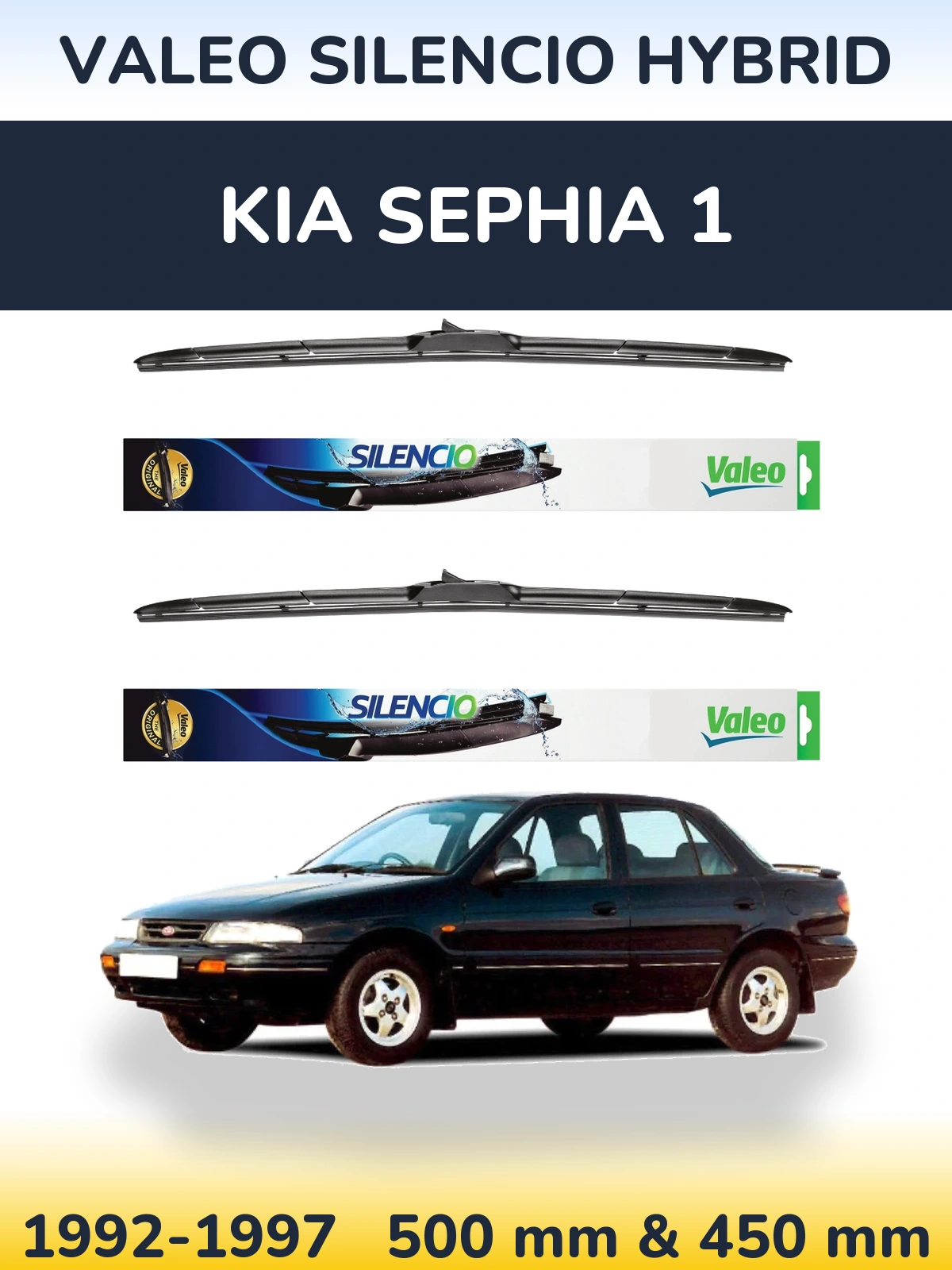 Front wiper blade set Valeo Silencio Hybrid 500 & 450 mm for KIA Sephia 1 1992-1997