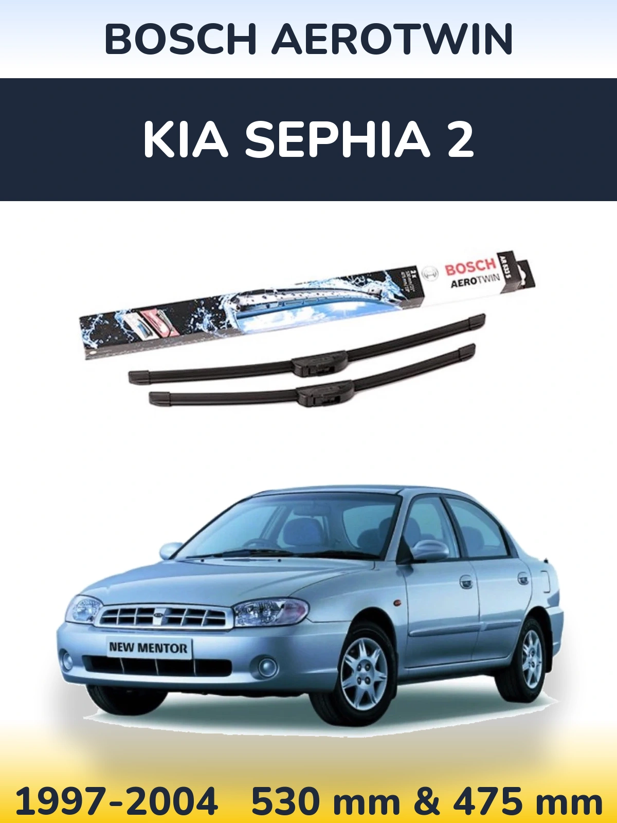 Front wiper blade set BOSCH AeroTwin 530 & 475 mm for KIA Sephia 2 1997-2004