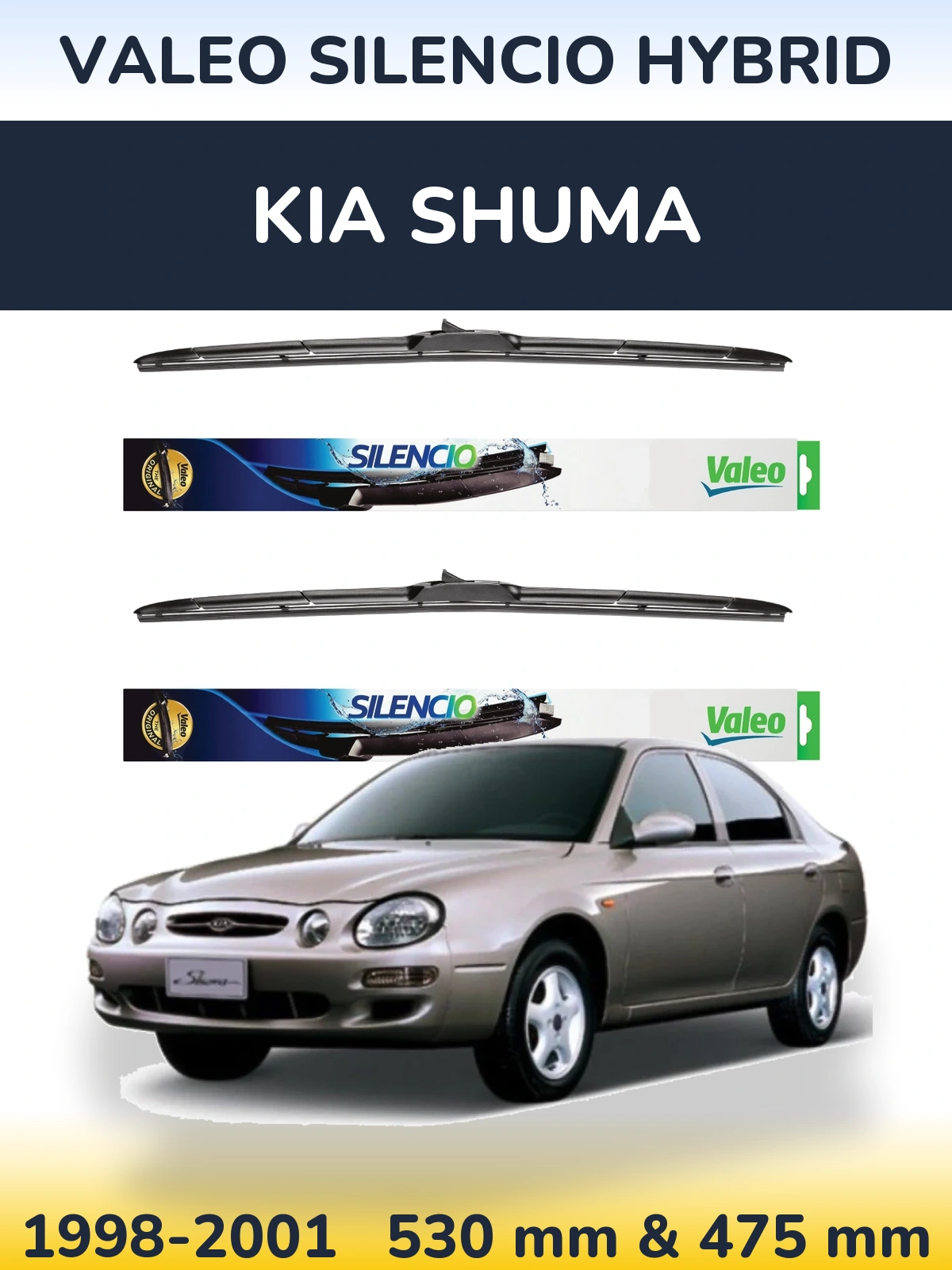 Front wiper blade set Valeo Silencio Hybrid 530 & 475 mm for KIA Shuma 1998-2001
