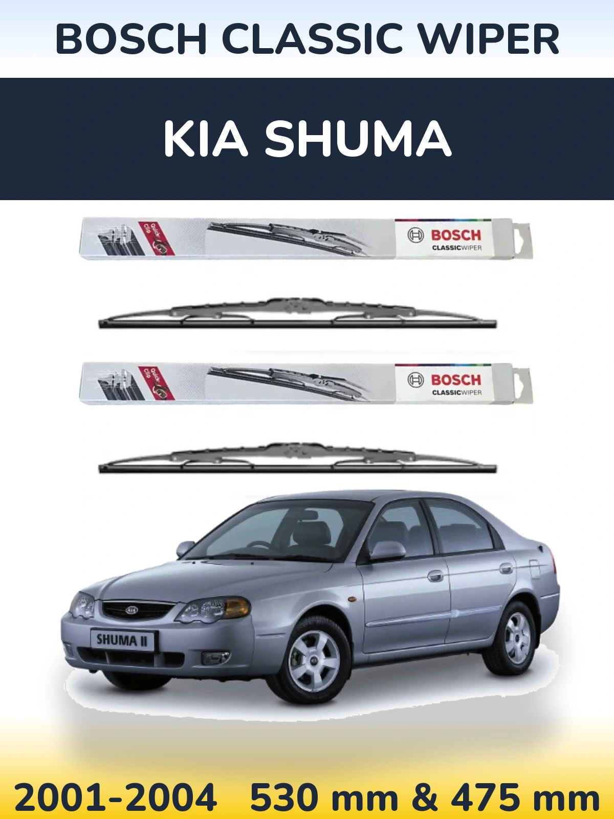 Front wiper blade set BOSCH Classic Wiper 530 & 475 mm for KIA Shuma 2001-2004