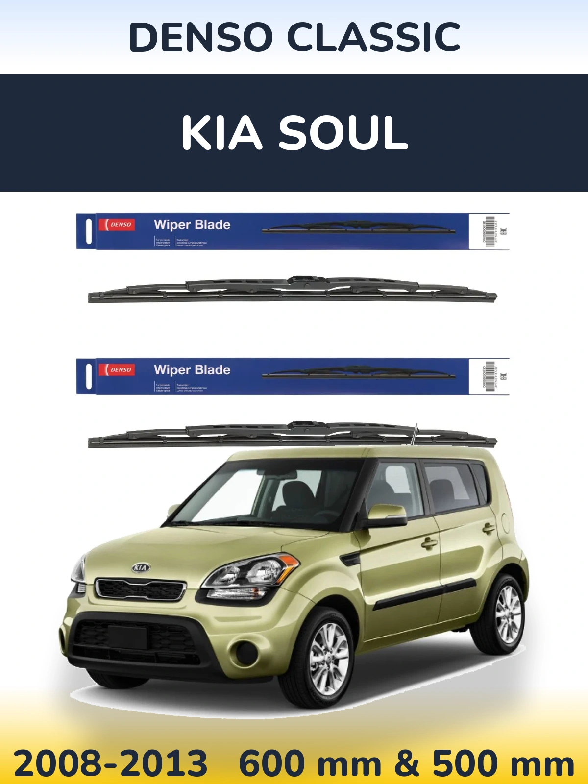 Front wiper blade set Denso Classic 600 & 500 mm for KIA Soul 2008-2013