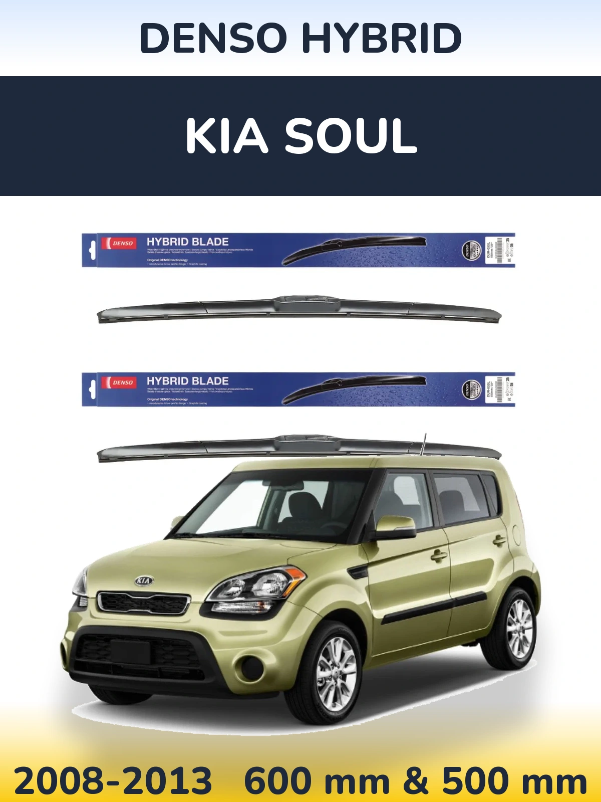 Front wiper blade set Denso Hybrid 600 & 500 mm for KIA Soul 2008-2013