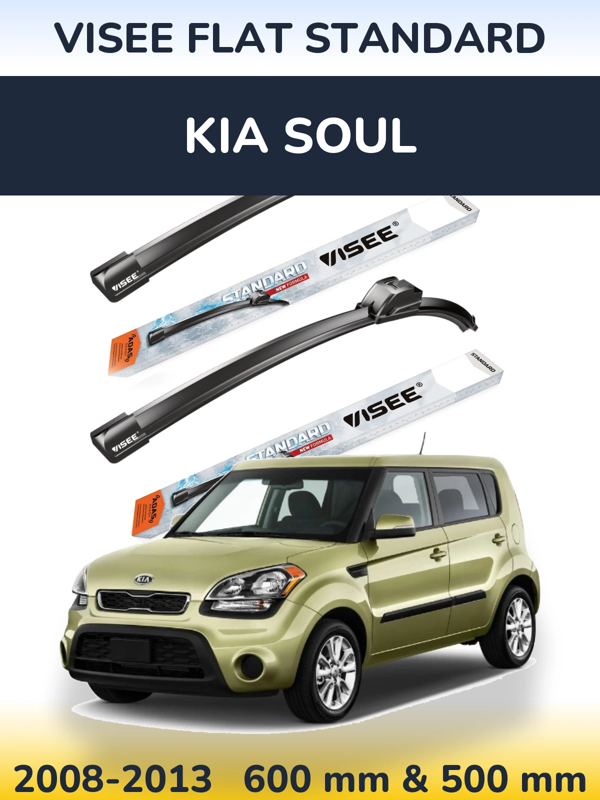 Komplet przednich wycieraczek VISEE FLAT STANDARD 600 & 500 mm do KIA Soul 2008-2013