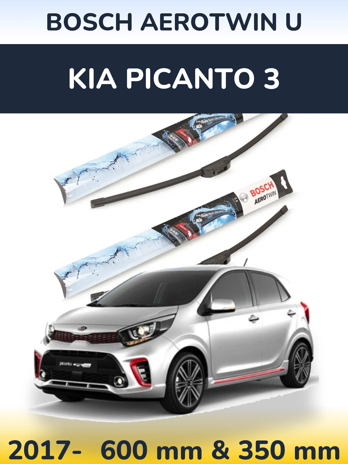Комплект передних дворников BOSCH AeroTwin U 600 & 350 мм для KIA Picanto 3 2017-2026