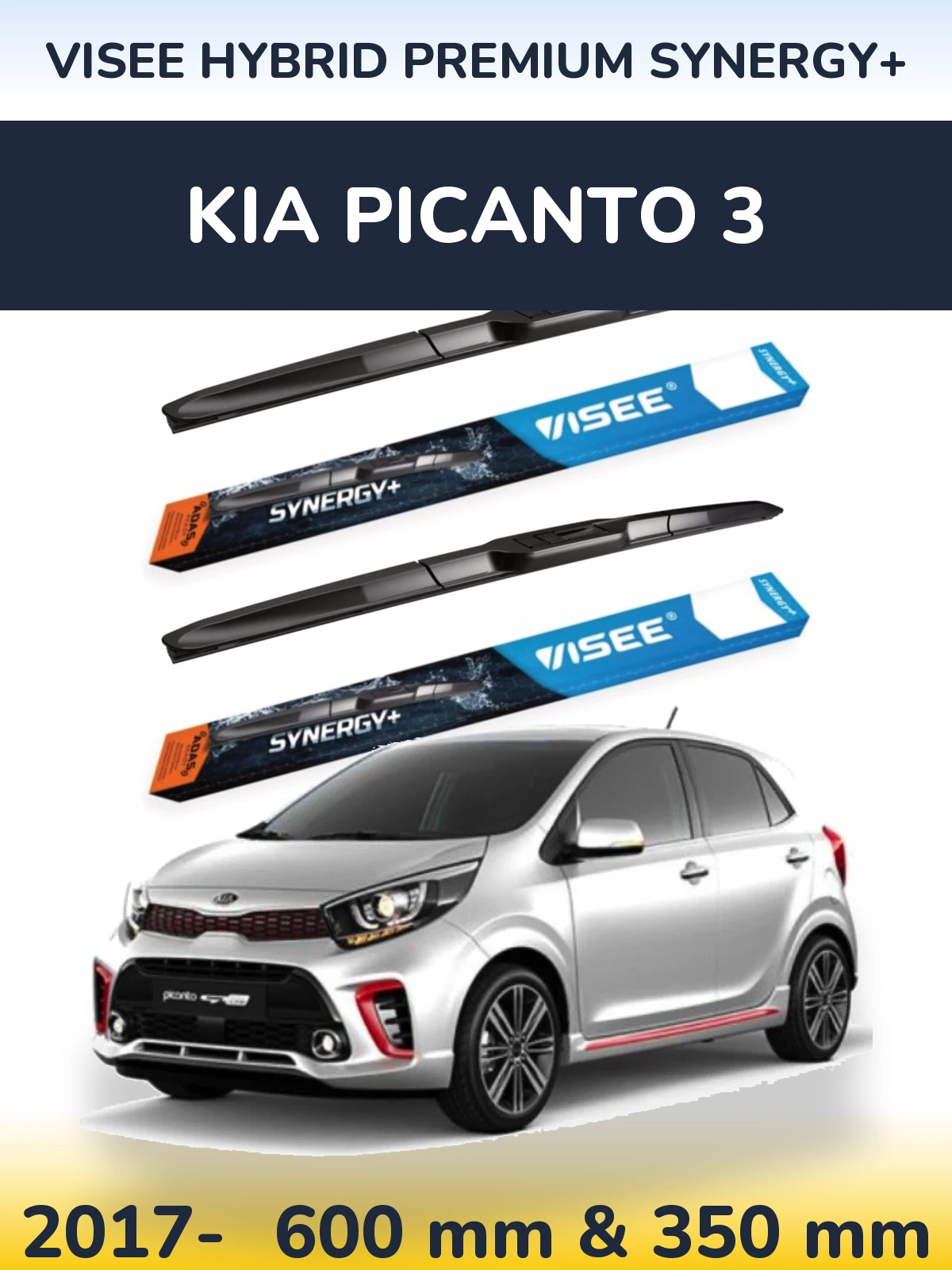 Front wiper blade set VISEE HYBRID PREMIUM SYNERGY+ 600 & 350 mm for KIA Picanto 3 2017-2026