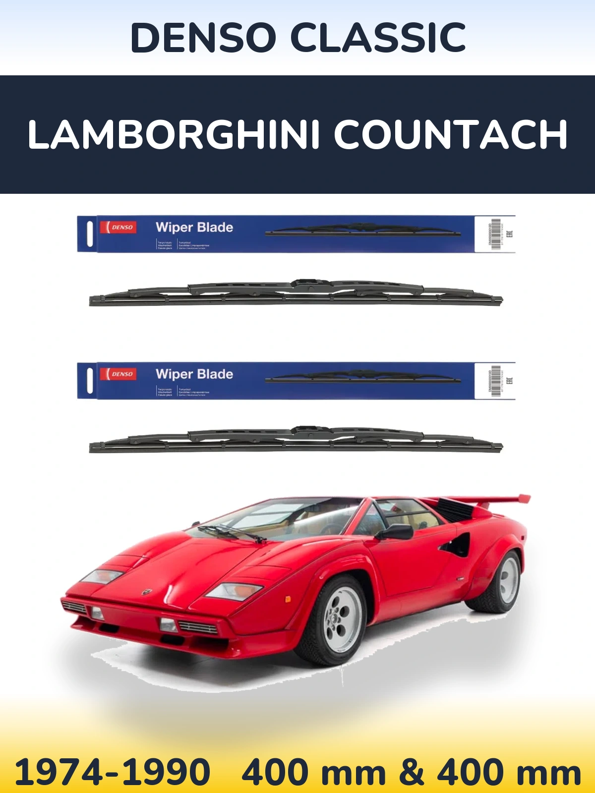 Front wiper blade set Denso Classic 400 & 400 mm for Lamborghini Countach 1974-1990