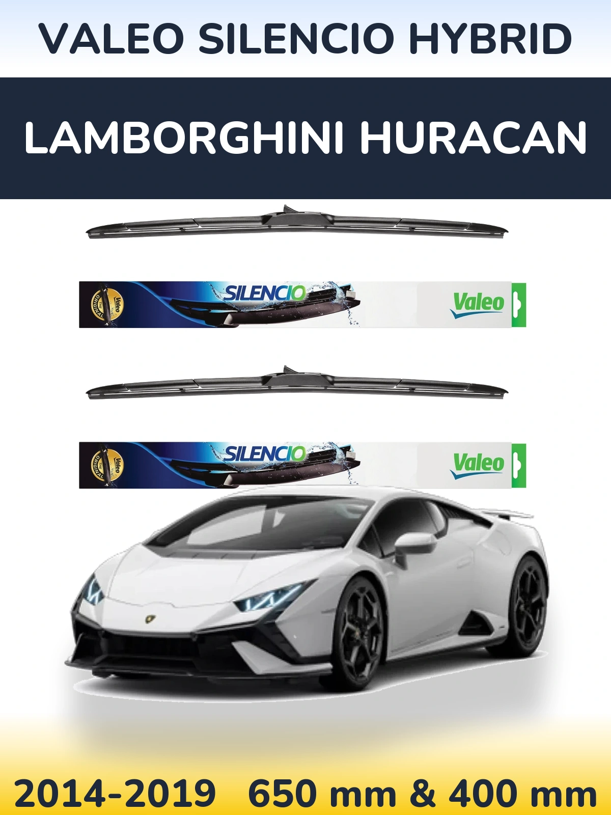 Komplet przednich wycieraczek Valeo Silencio Hybrid 650 & 400 mm do Lamborghini Huracan 2014-2019