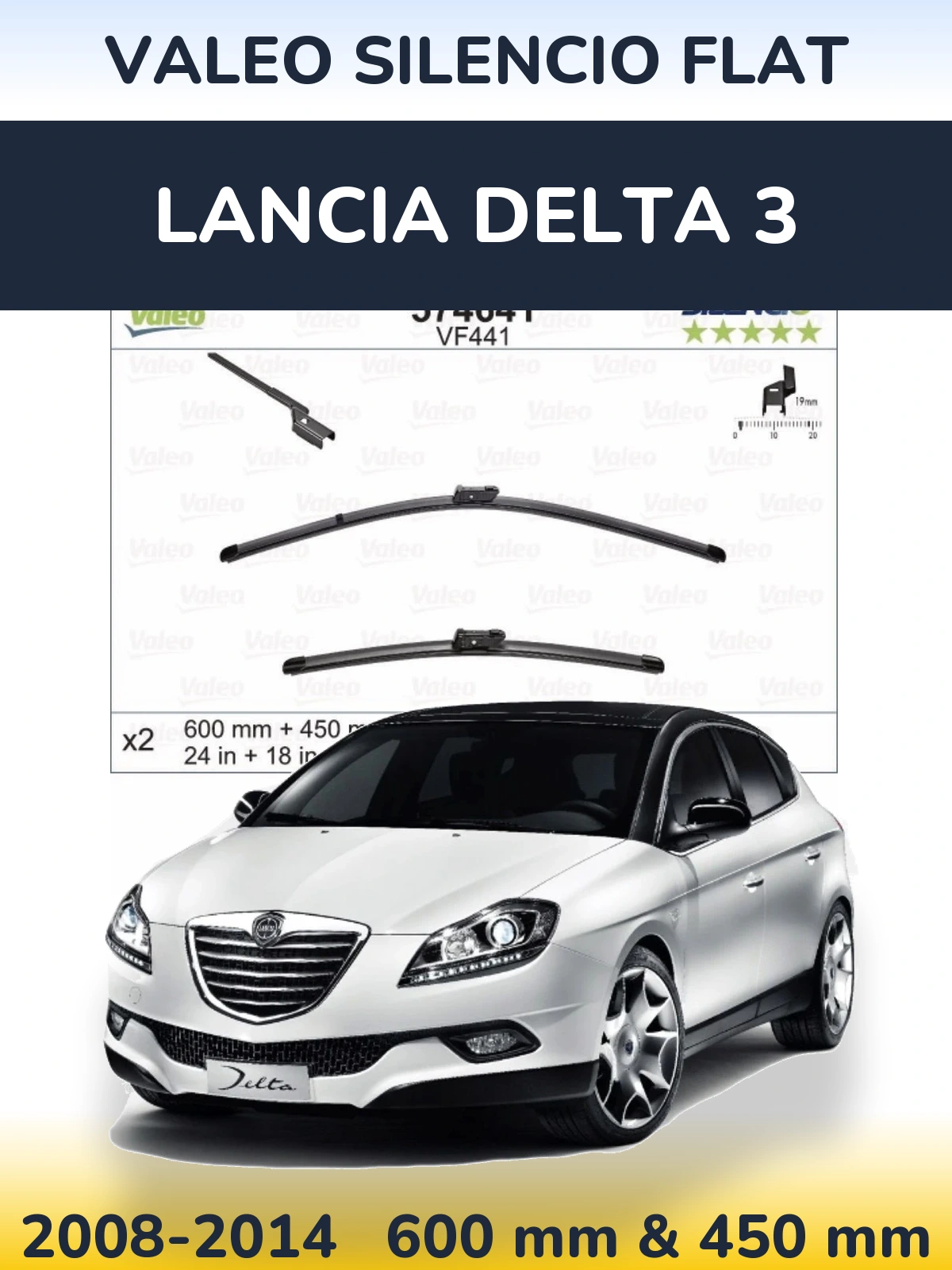Front wiper blade set Valeo Silencio Flat 600 & 450 mm for Lancia Delta 3 2008-2014