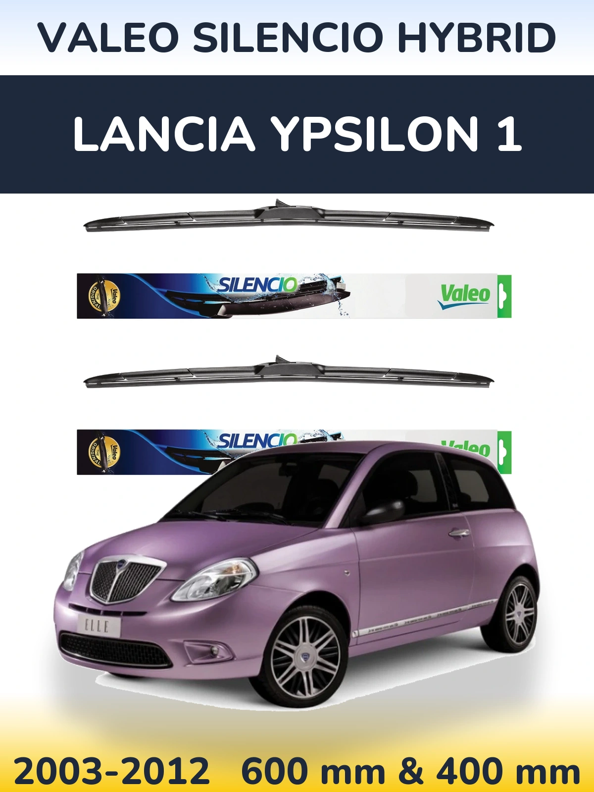 Front wiper blade set Valeo Silencio Hybrid 600 & 400 mm for Lancia Ypsilon 1 2003-2012