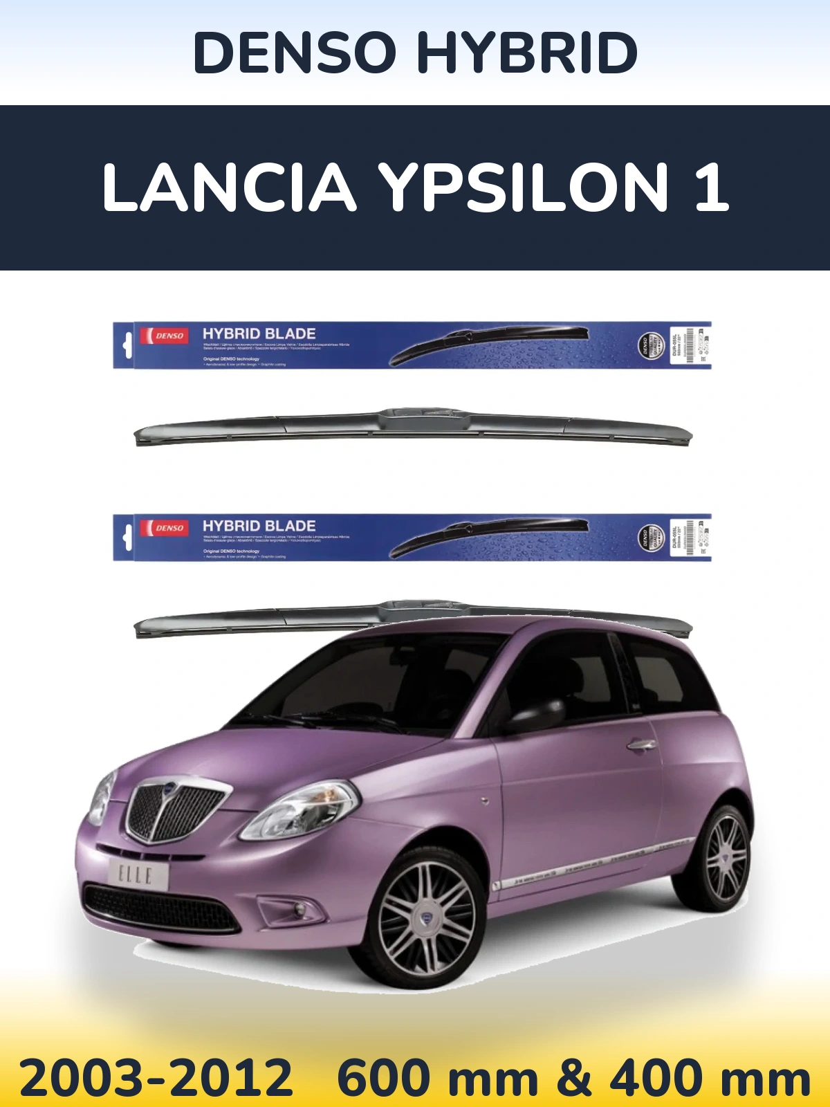Front wiper blade set Denso Hybrid 600 & 400 mm for Lancia Ypsilon 1 2003-2012