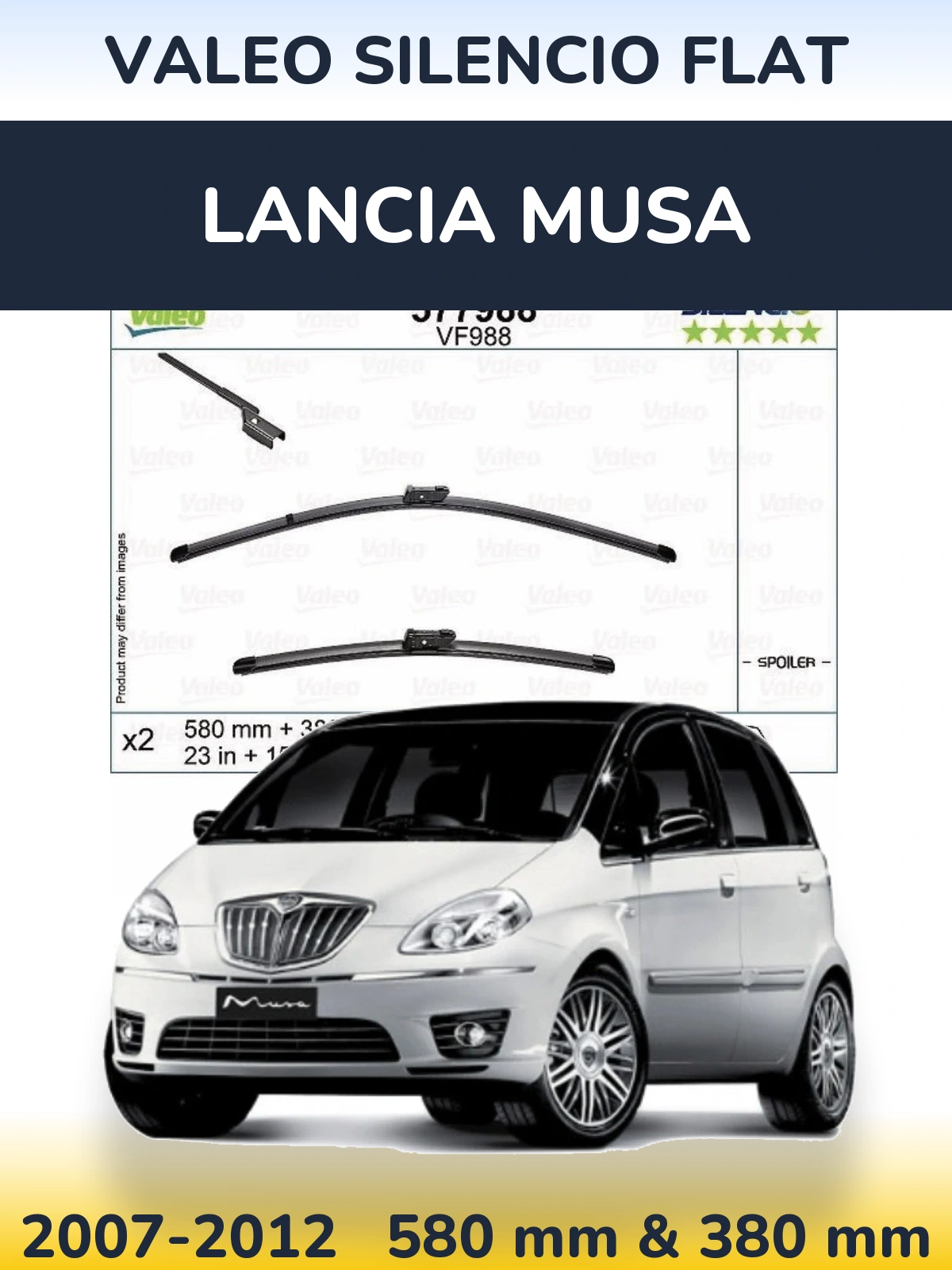 Front wiper blade set Valeo Silencio Flat 580 & 380 mm for Lancia Musa 2007-2012