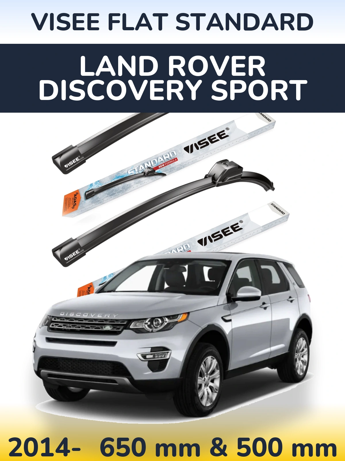 Front wiper blade set VISEE FLAT STANDARD 650 & 500 mm for Land Rover Discovery Sport 2014-2026