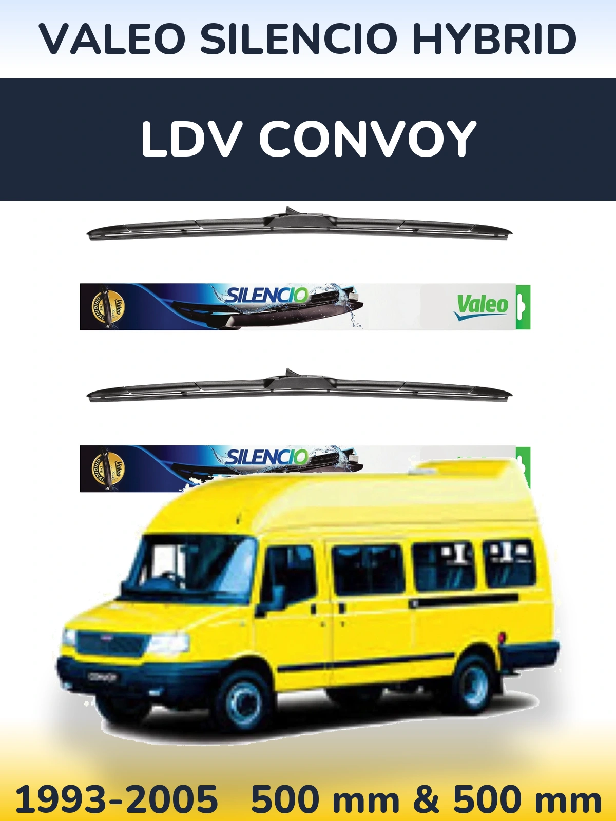 Front wiper blade set Valeo Silencio Hybrid 500 & 500 mm for LDV Convoy 1993-2005