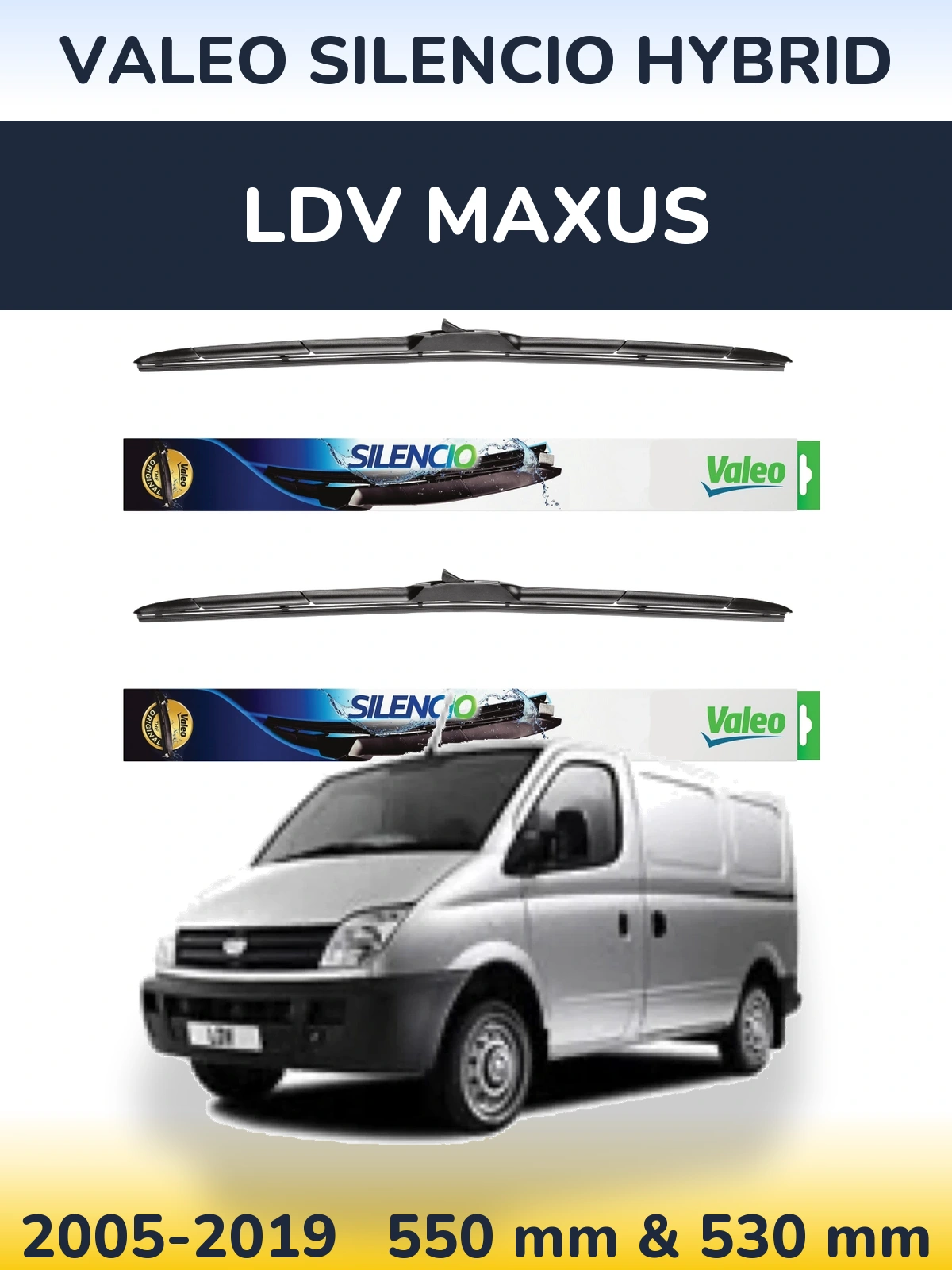 Front wiper blade set Valeo Silencio Hybrid 550 & 530 mm for LDV Maxus 2005-2019