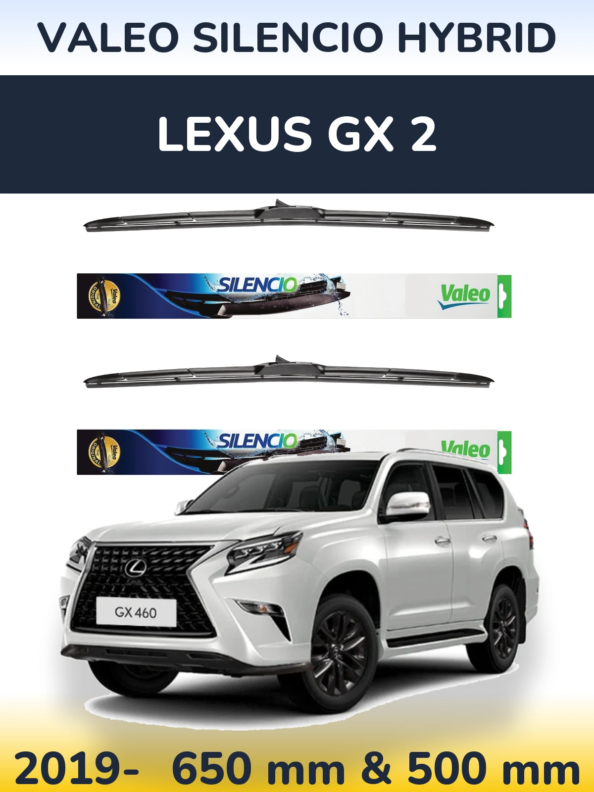 Front wiper blade set Valeo Silencio Hybrid 650 & 500 mm for Lexus GX 2 2019-2026